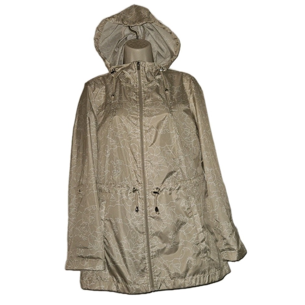 Susan Graver Womens XS Tan Floral Print Hooded Windbreaker Jacket Packable